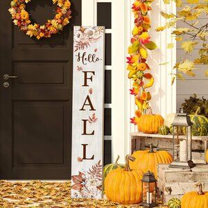 Hello Fall Porch Sign 47" Thanksgiving Day Wooden Door Sign Large Autumn Welcome